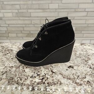 Fergie Ophelia Suede Wedge Ankle Booties, Zipper Detail, Black, Size 8.5